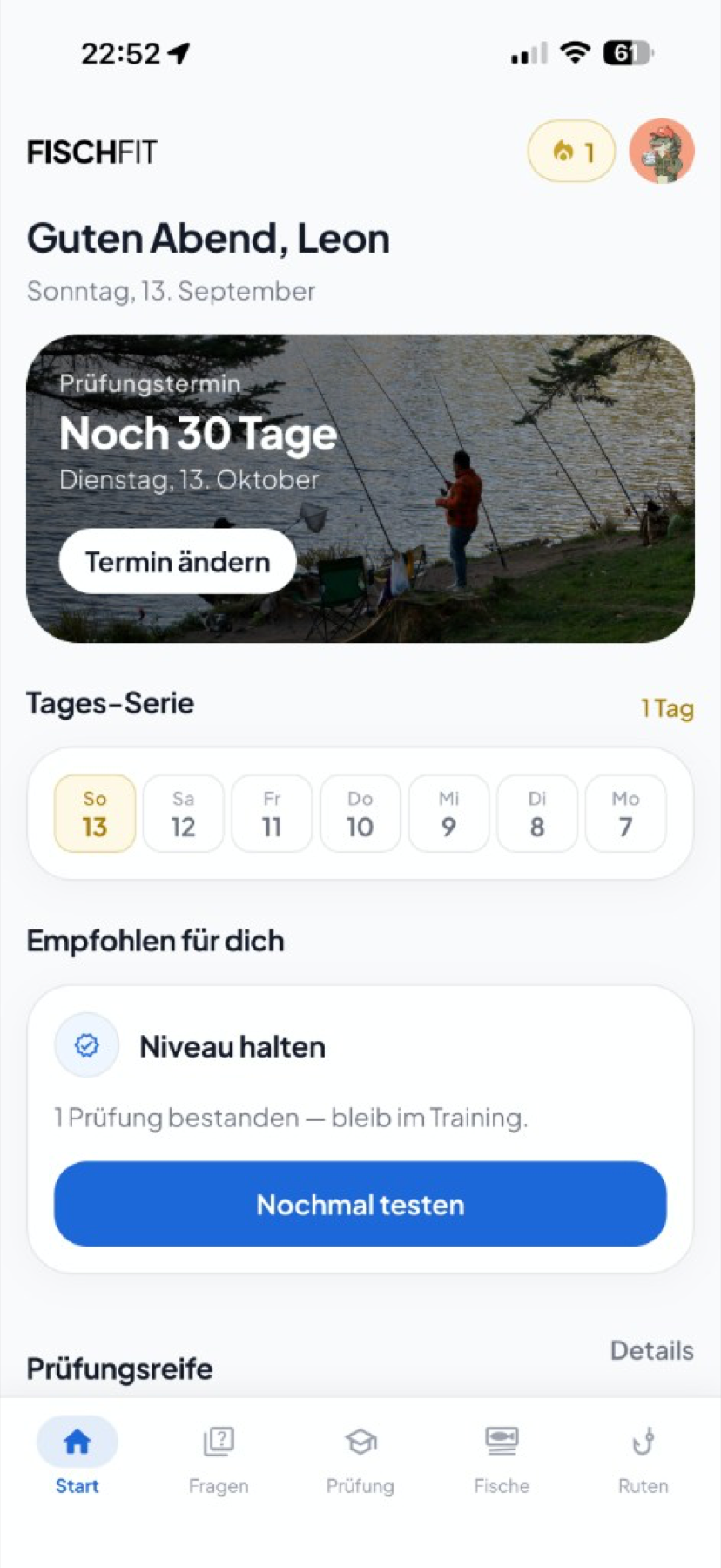 FischFit Startseite mit Prüfungsreife und Tages-Serie